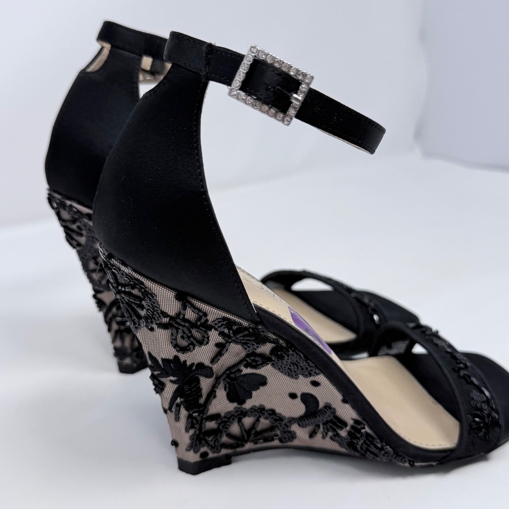 Betsey Johnson SB-IVAN Black Satin Lace Beaded Wedge Sandals Rhinestone 6.5